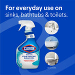 Clorox product lifestyle graphic showing the bleach gel bottle alongside circular bathroom scene images