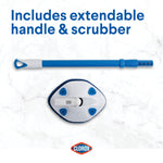 Disassembled view of a blue extendable handle and detached triangular scrubber head on a marble background with Clorox logo.