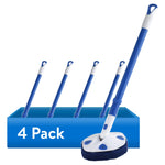 Four blue-and-white extendable tub scrubber handles displayed behind a close-up scrubber head with '4 Pack' banner.