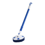 Blue-and-white extendable tub and tile scrubber shown angled with a triangular scrubber pad attached to the head.