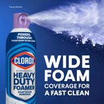 Clorox Heavy Duty Foamer spraying wide cloud of foam with text 'Wide Foam Coverage for a Fast Clean'