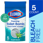 Front of Clorox Foaming Toilet Bomb resealable pouch showing product name, mint graphic and fresh scent badge