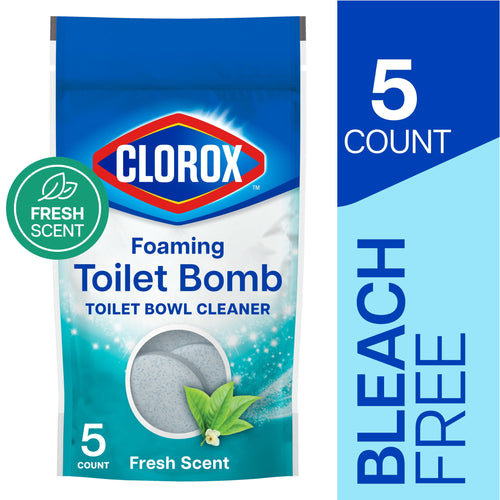 Front of Clorox Foaming Toilet Bomb resealable pouch showing product name, mint graphic and fresh scent badge