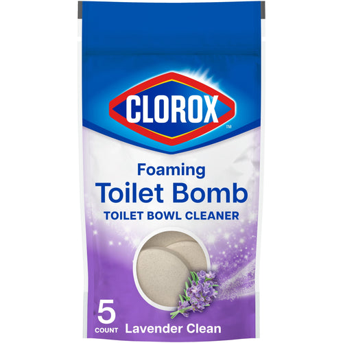 Clorox Foaming Toilet Bomb pouch front showing brand logo, lavender graphic and visible tablet through window.