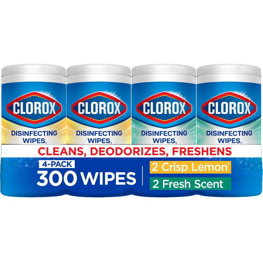 Four Clorox disinfecting wipes canisters in a row with branding and a banner reading 300 wipes, variety pack.