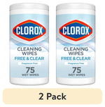 Two Clorox Free & Clear cleaning wipes canisters side by side with labels showing 75 wet wipes and fragrance free.