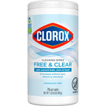 Close-up of a Clorox Free & Clear wipes canister label showing logo, safe around kids pets & food statement and 75 wet wipes.