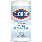 Single Clorox Free & Clear cleaning wipes canister with Clorox logo and label reading cleaning wipes free & clear.