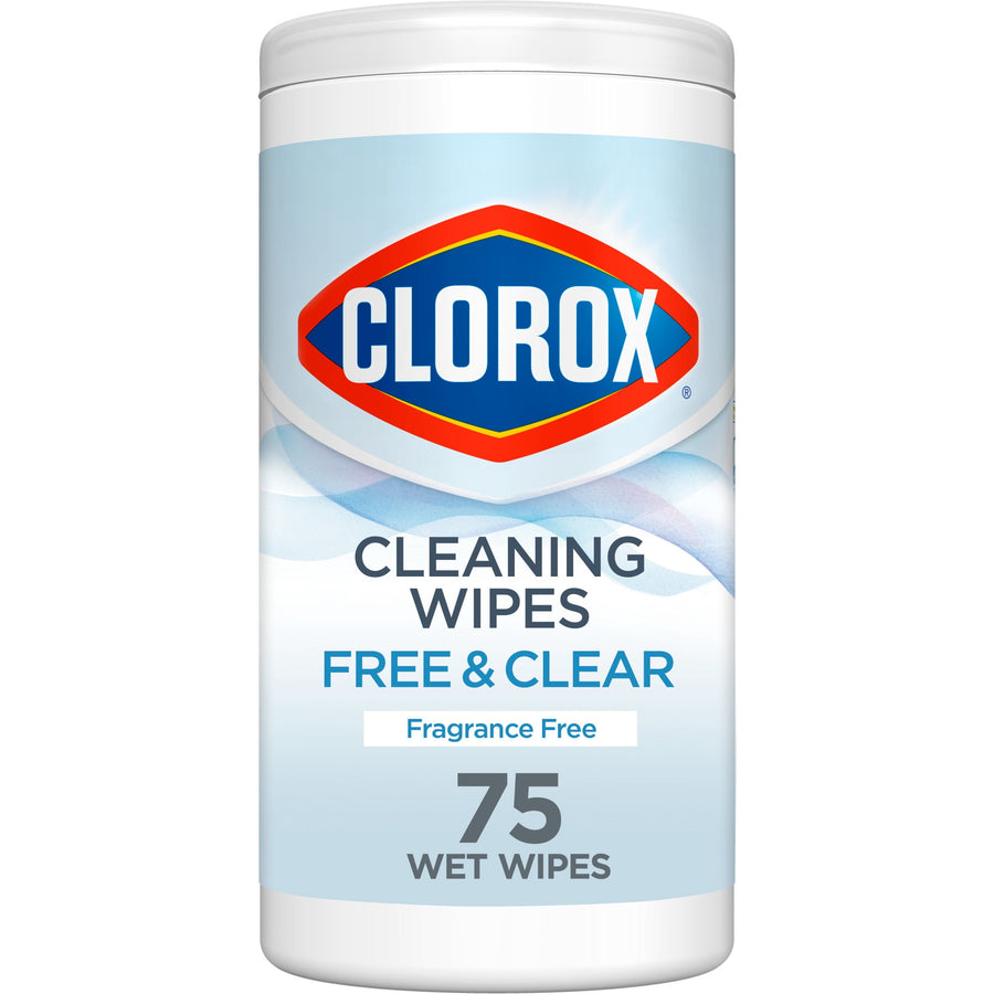 Single Clorox Free & Clear cleaning wipes canister with Clorox logo and label reading cleaning wipes free & clear.