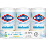 Front-facing three-pack of Clorox Free & Clear cleaning wipes showing product labels