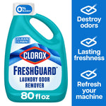 Clorox FreshGuard laundry odor remover bottle with clean linen label and blue sidebar benefits