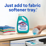 Clorox FreshGuard bottle on countertop with hand pouring product into washing machine fabric softener tray