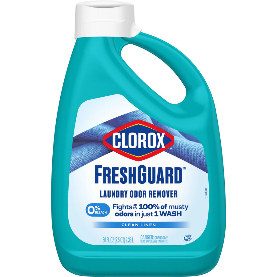 Clorox FreshGuard teal jug of laundry odor remover with clean linen label on white background