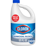 White gallon jug of Clorox germicidal bleach with blue label and red logo, 121 fl oz size shown on front