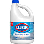 Clorox germicidal bleach white jug showing full product label and safety text on a blue background wraparound