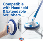 Split lifestyle image showing handheld and extendable Clorox scrubbers with blue text noting compatibility with handheld and extendable scrubbers