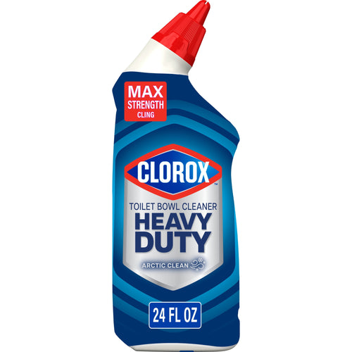 Front-facing Clorox Heavy Duty toilet bowl cleaner bottle with Arctic Clean label and red angled nozzle