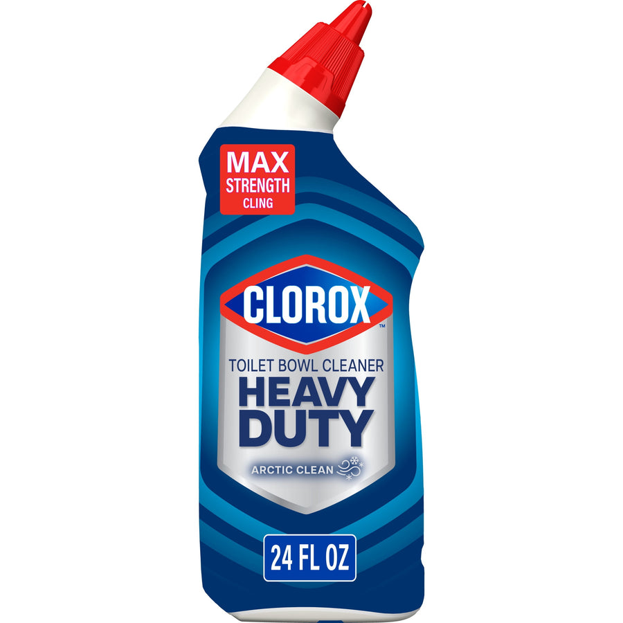 Front-facing Clorox Heavy Duty toilet bowl cleaner bottle with Arctic Clean label and red angled nozzle