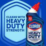 Single Clorox Heavy Duty toilet bowl cleaner bottle next to graphic text reading cleans with heavy duty strength on blue background