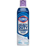Front view of Clorox Heavy Duty Bathroom Foamer can with lavender-clean labeling and blue wave graphics
