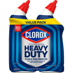 Close-up of a two-pack Clorox Heavy Duty toilet bowl cleaner value pack showing label text and red angled caps