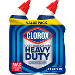 Two Clorox Heavy Duty toilet bowl cleaner bottles in blue packaging with red caps and a yellow value pack band