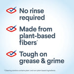 Graphic panel listing product claims: No rinse required; Made from plant-based fibers; Tough on grease & grime with check icons.