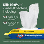 Clorox soft pack with wipes pulled from the lid and text stating it kills 99.9% of viruses and bacteria, including COVID-19 and cold/flu icons.