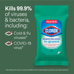 Promotional graphic showing a Clorox to-go wipes pack and text claiming it kills 99.9% of viruses and bacteria