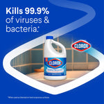 Promotional graphic showing a Clorox disinfecting bleach jug with text claiming it kills 99.9% of viruses and bacteria on a blue background.