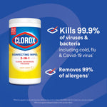Blue promotional image with Clorox canister and text claiming it kills 99.9% of viruses and removes allergens