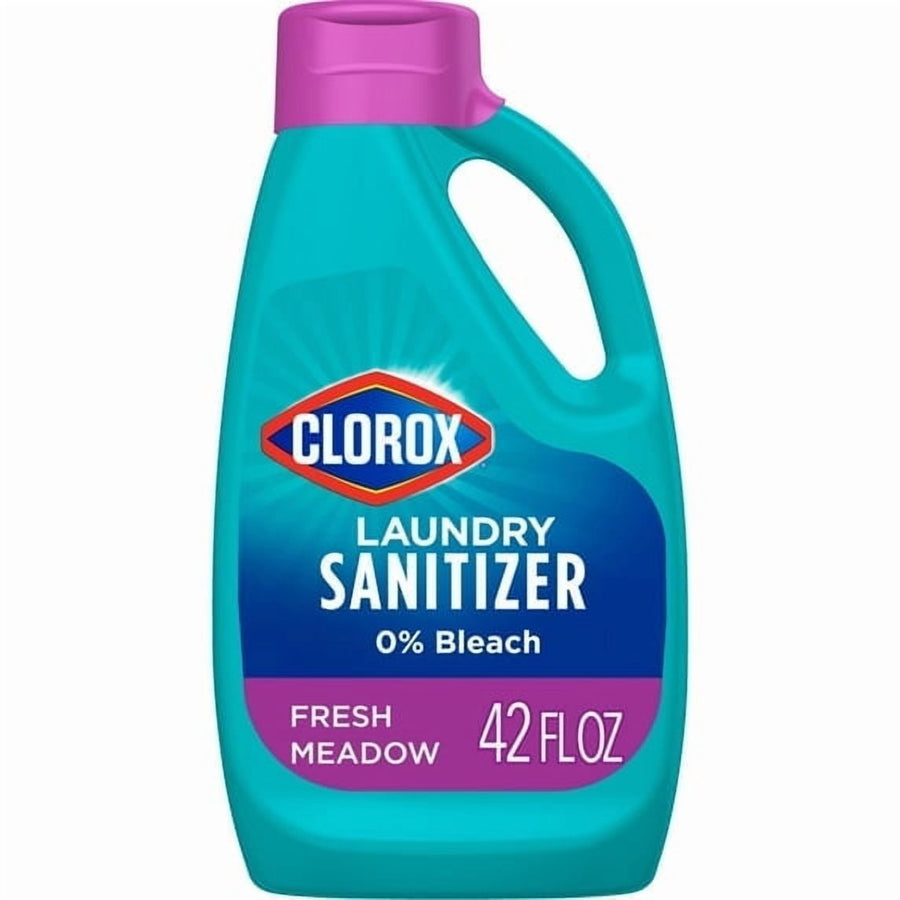 Teal Clorox Laundry Sanitizer bottle with purple cap labeled '0% Bleach' and 'Fresh Meadow' on white background