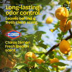 Close-up graphic of lemons on a tree with text promoting long-lasting odor control and Clorox Lemon Fresh Bleach scent.