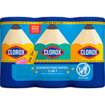 Wrapped three-roll Clorox disinfecting wipes pack with colorful limited-edition pencil design and branding.