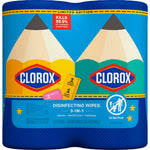 Packaged Clorox disinfecting wipes with colorful pencil-themed limited edition wrap and Do Not Flush icon