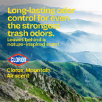 Scenic mountain landscape background with Clorox logo and text describing long-lasting odor control and Mountain Air scent