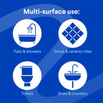Multi-surface use infographic showing icons for tubs & showers, grout & tiles, toilets, sinks & counters