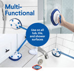 Collage showing Clorox scrubber used on shower wall, floor, tub edge and stored with text highlighting multifunctional use