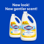 Two Clorox refill jugs on blue background with headline announcing a new look and gentler scent