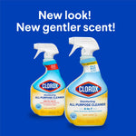 Promotional graphic showing two Clorox all purpose cleaner bottles on blue background with 'New look! New gentler scent!' text