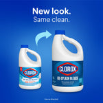Promotional graphic showing old and new Clorox No-Splash Bleach bottles with text 'New look. Same clean.'