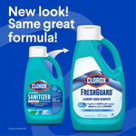 Promotional graphic showing old and new Clorox bottle designs with text announcing new look, same formula