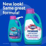 Promotional graphic showing old and new Clorox bottles with text announcing a new look and same formula on blue background