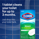Informational ad showing Clorox Bleach toilet tablets box beside text explaining one tablet cleans up to three months over tiled background