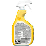 Rear view of a yellow Clorox Pet Urine Remover spray bottle showing product instructions and barcode
