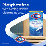 Clorox Ultra Clean Toilet Tablets box shown over a toilet scene with text calling out phosphate free and biodegradable agents