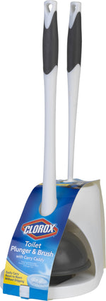 White and gray Clorox toilet plunger and brush set in a white caddy with Clorox label on blue packaging sleeve