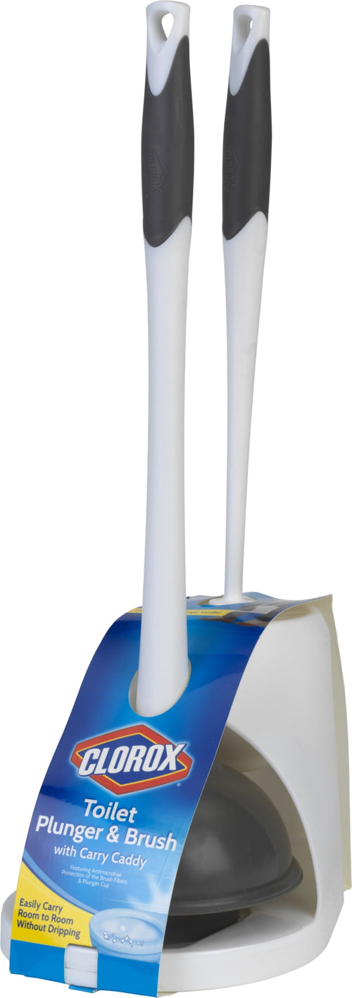 White and gray Clorox toilet plunger and brush set in a white caddy with Clorox label on blue packaging sleeve