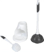 Set layout showing a white plastic caddy, a black-cupped plunger standing upright, and a white bowl brush laid beside it