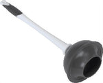 Diagonal view of a white-handled toilet plunger showing the black rubber cup and textured gray grip